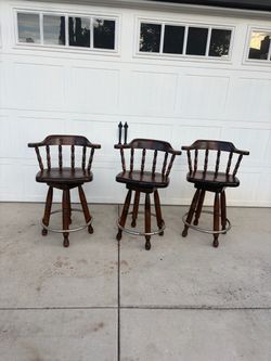 Vintage Set of 3 Wooden Swivel Bar Stools