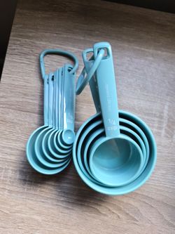 Blue measuring cups and spoons