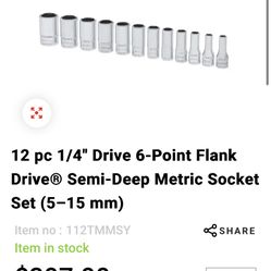 Snap On 12 pc 1/4" Drive 6-Point Flank Drive® Semi-Deep Metric Socket Set