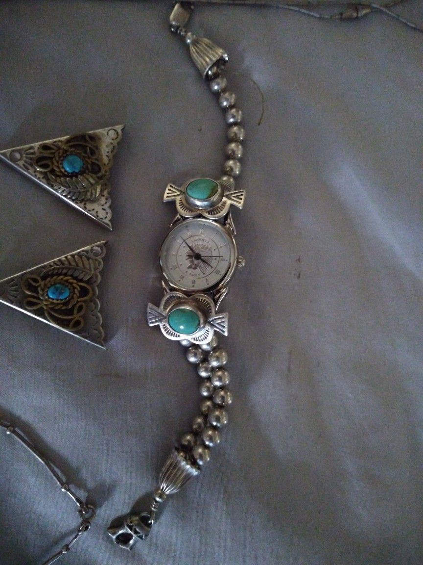 Sterling Silver Turquoise Watch With 2 Sterling Silver And Turquoise Neck Corners For Shirt 