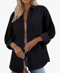 Women’s Size L Black Cable Textured Button Down Oversized Stretch Shacket (Shirt/Jacket), NEW