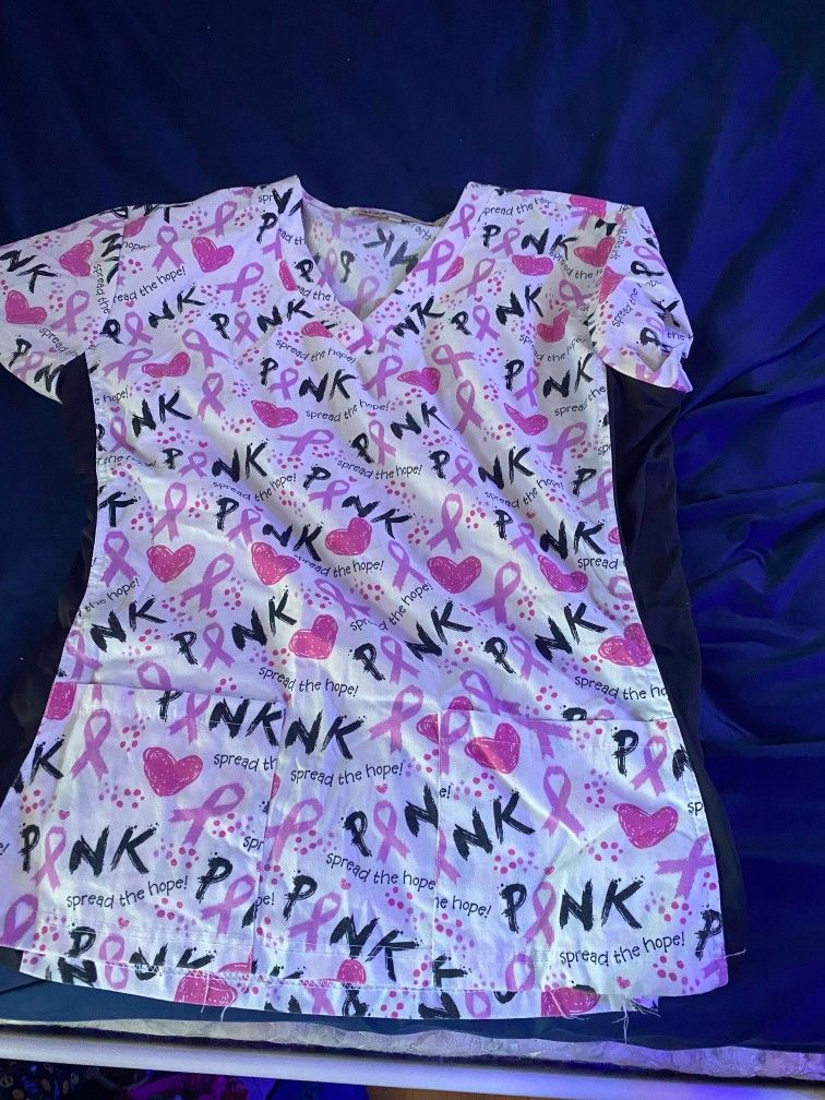 breast cancer scrub shirt size L v-neck.  worn a few times 