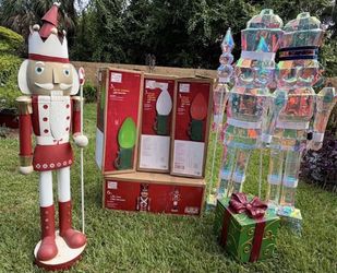 Christmas Outdoor Decoration Bundle – Metal Nutcracker, Iridescent Guards, LED Bulbs & Gift Box