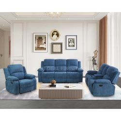 Blue fabric Reclining Couch 3-Pc Set — Sofa • Loveseat • Chair