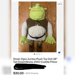 Shrek Ogre Jumbo Plush Stuffed Doll Pillow Buddy Toy 25" Tall DreamWorks Great Condition 2002. Original 