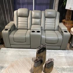 Backtrack Gray Power Reclining Living Room Set With Power Headrest and Massage