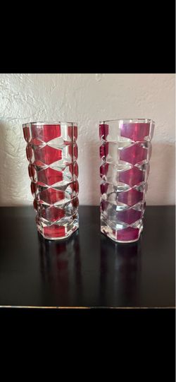 Vintage French J G Durand Ruby Red Windsor Rubis Crystal Geometric Glass Vase 7”