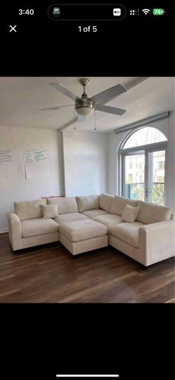 Ivory cream corduroy sectional sofa with ottoman