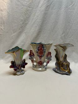 Vintage MCM Lusterware Vase Set 3 Pc Iridescent Gold Trim Floral Calla Lily Decor