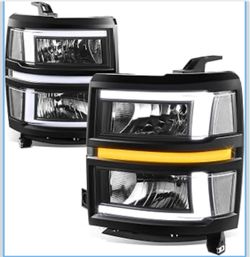 Auto Dynasty L-LED DRL Sequential Turn Signal Headlights Assembly Compatible with Chevy Silverado 1500 2014-2015, Driver and Passenger Side, Black Hou