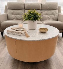 Rare Find: WEST ELM 33” Round Genuine Marble & Oak Veneer Coffee Table