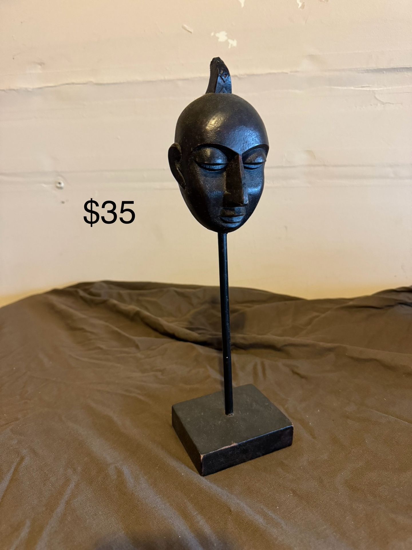Wooden Head Sculpture on Stand