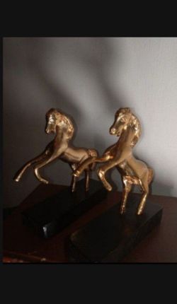 VINTAGE COPPER - BRASS / WOOD HORSE FIGURINE SET OF 2 / 6"×5"