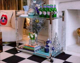 New in Box Peroni x Jonathan Adler Limited Edition Jacques Bar Cart — Nickel/Clear/Printed Glass — 32 x 18 x 33