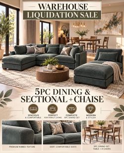 πFree Delivery! Flash Sale! Brand New 5PC Dining Set & Sectional Sofa with Chaise
