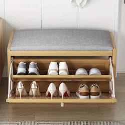 Shoe Storage Bench Flip Drawer Padded Cushion cabinet shelf retro rattan bomboo