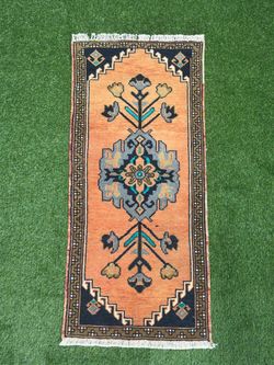 Vintage Orange Turkish Rug Runner, Terracotta Anatolian Floral Carpet, Handmade Oushak Style Rug,  Blue Boho Hallway Rug 1.8x3.10