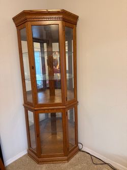 2 Oak Corner Curio Cabinet with Glass Shelves