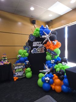 Laser tag balloon garland and backdrop