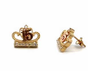 Woman’s Ladies Girl’s 10k Yellow Gold CZ Cubic Zirconia Quinceañera 15th Birthday Crown Stud Earrings GP3106666