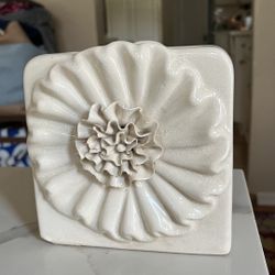 Vintage square vase with flower with aged crackle