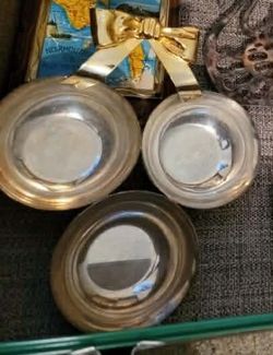 Vintage triple silver serving tray bowls brass ribbon Christmas dishes decorations candy dish