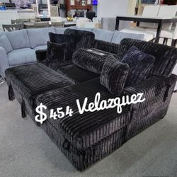 ✅️✅️2 pc Black fur like corduroy fabric sectional sofa with pop up sleep area and storage chaise drop down tray table USB ports✅️