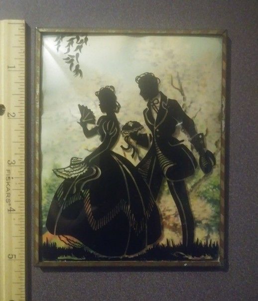 Antique Shadow Picture Silhouette Black Shadow Couple Figures Convex Bubble Glass Victorian Wall Hanging Decorative Collectible Vintage