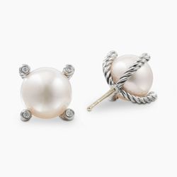 David Yurman 925 Sterling Silver  6mm Pearl & Diamond Cable Earrings 