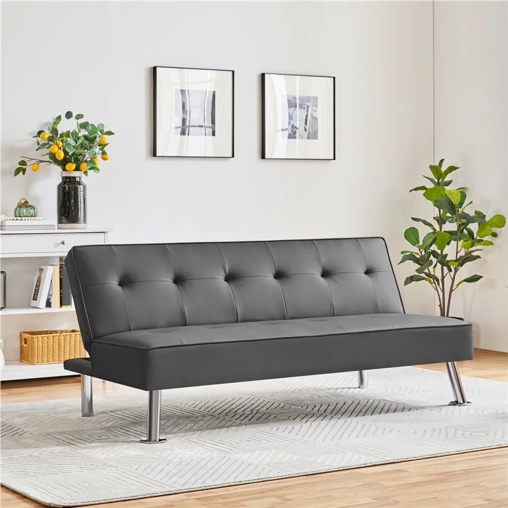 Convertible Sofa Couch Bed Faux Leather Sofa Bed Sleeper Adjustable Loveseat Futon Couch Living Room Furniture with Chrome Metal Legs