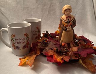 Thanksgiving Fall Decor Craft Lot Bundle - Pilgrim Figurine & Mug Set