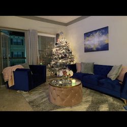 Blue Velvet Tufted Sofa & Chair