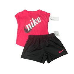 Nike Girl  Sz 6X 2 Pc Top Shirt & Shorts Set Bright Pink, Black, White