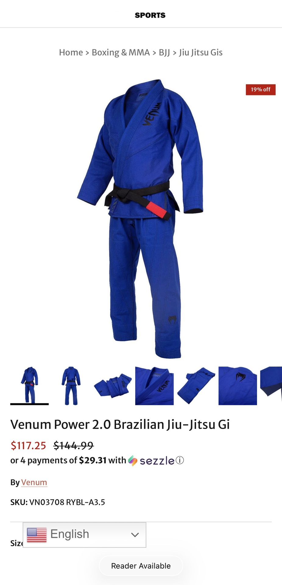 Venum Power 2.0 Blue Jiu Jitsu Gi. Size A1.5