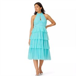 Turquoise Halter Tiered Midi Dress