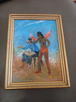 Carmel artist Sam Harris Framed Oil Painting Figurative Scene with Winged Figure
