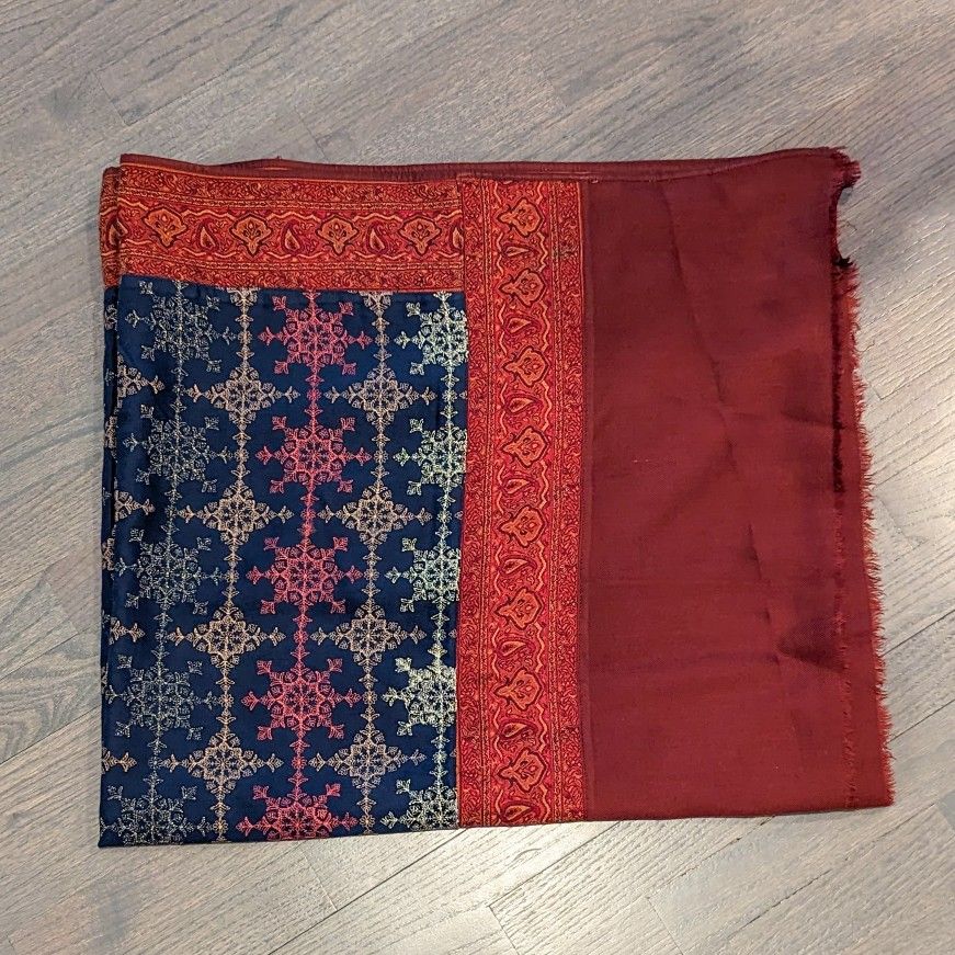 Women's Pakistani Shawl with Embroidery - Blue/Maroon, Large