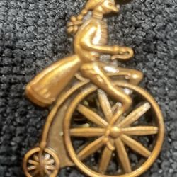 Bicycle Big Wheel Colonial Man Brass Copper Lapel Pin Brooch-Unique Unusual RARE