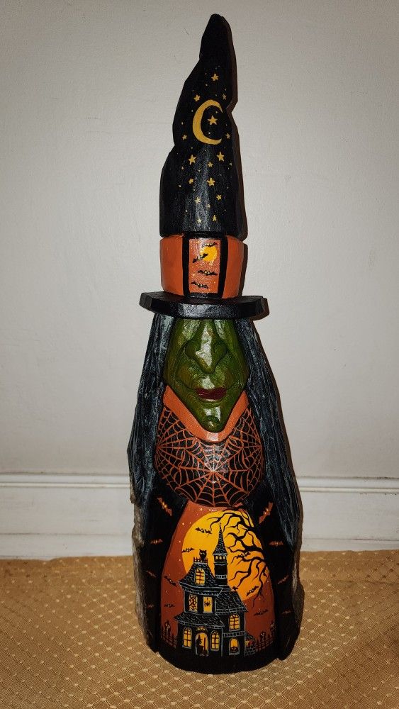 2022 Hand Carved Wooden Witch Halloween Decoration