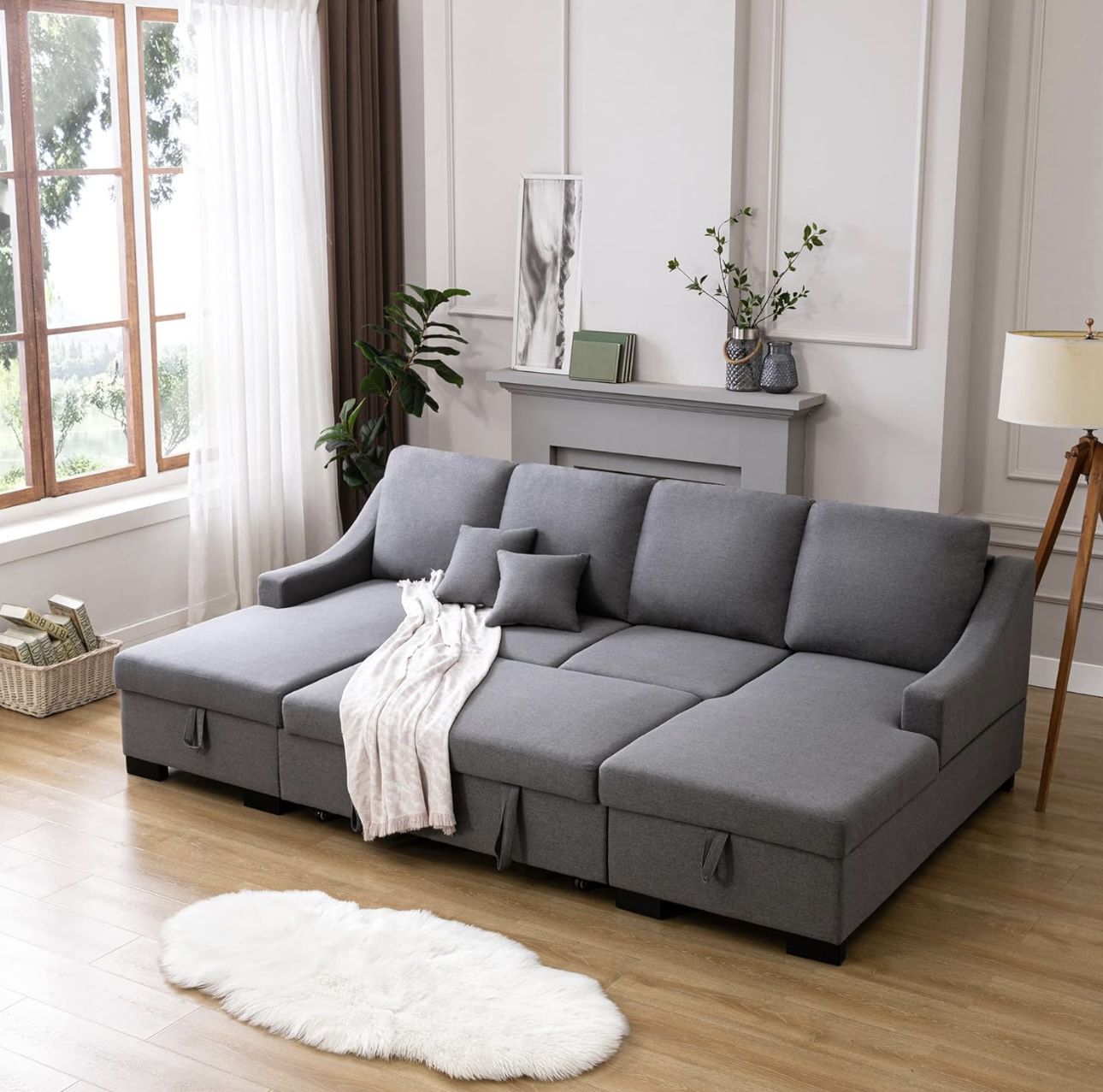 Upholstery Sectional Sofa Sleeper Sectional Couch Pull-Out Sofa Bed,U Shape Sectional Sofa with Double Storage Spaces and 2 Tossing Cushions 