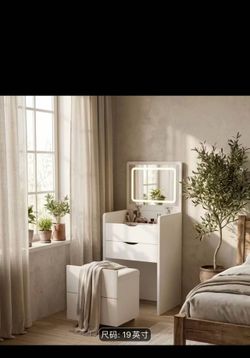 Modern White Makeup Vanity Set with LED Mirror and Storage Bench