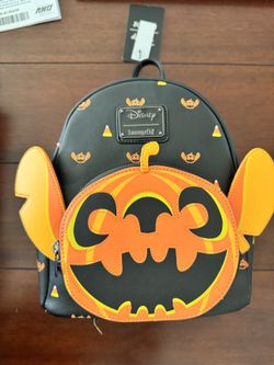 New Loungefly Disney Halloween Pumpkin Stitch Mini Backpack Black Orange