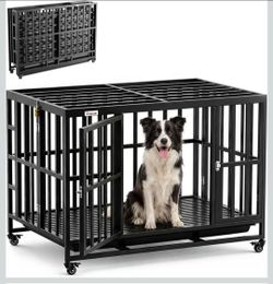 44 Inch Indestructible Heavy Duty Dog Crate, Foldable Ready to Use No Assembly, Upgraded Reinforced Baseplate, Single Door & Wheels, XL Kennel for Hig