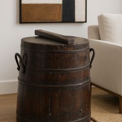 Antique Asian Wooden Grain Barrel – Solid Wood & Iron – Designer Accent Table