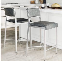 Bar Stool Set of 2 Leather Cushion Metal Frame, 24" with Backrest, Gray/Silver