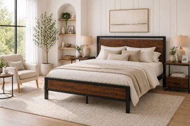 King bed Metal Platform Bed Frame with Wooden Headboard and Footboard, Mattress Foundation, No Box Spring Needed, Large Under Bed Storage, Non-Slip Wi