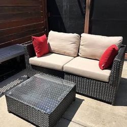 New Outdoor Wicker 3 Piece Patio set with Beige Cushions and Tempered Glass Top