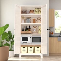 71'' 2 Shapely Door Cabinet With Lock, Metal Storage Cabinet with Doors and Adjustable Shelves, for Kitchen, Bedroom, Living Room(Beige)