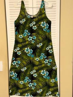 Vintage Zilane Criações Tropical Palm Leaf Sundress Medium 32" Bust / Blue Floral Midi