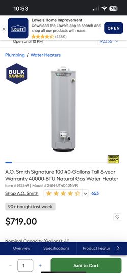 AO Smith Water heater 40gallon. Gas